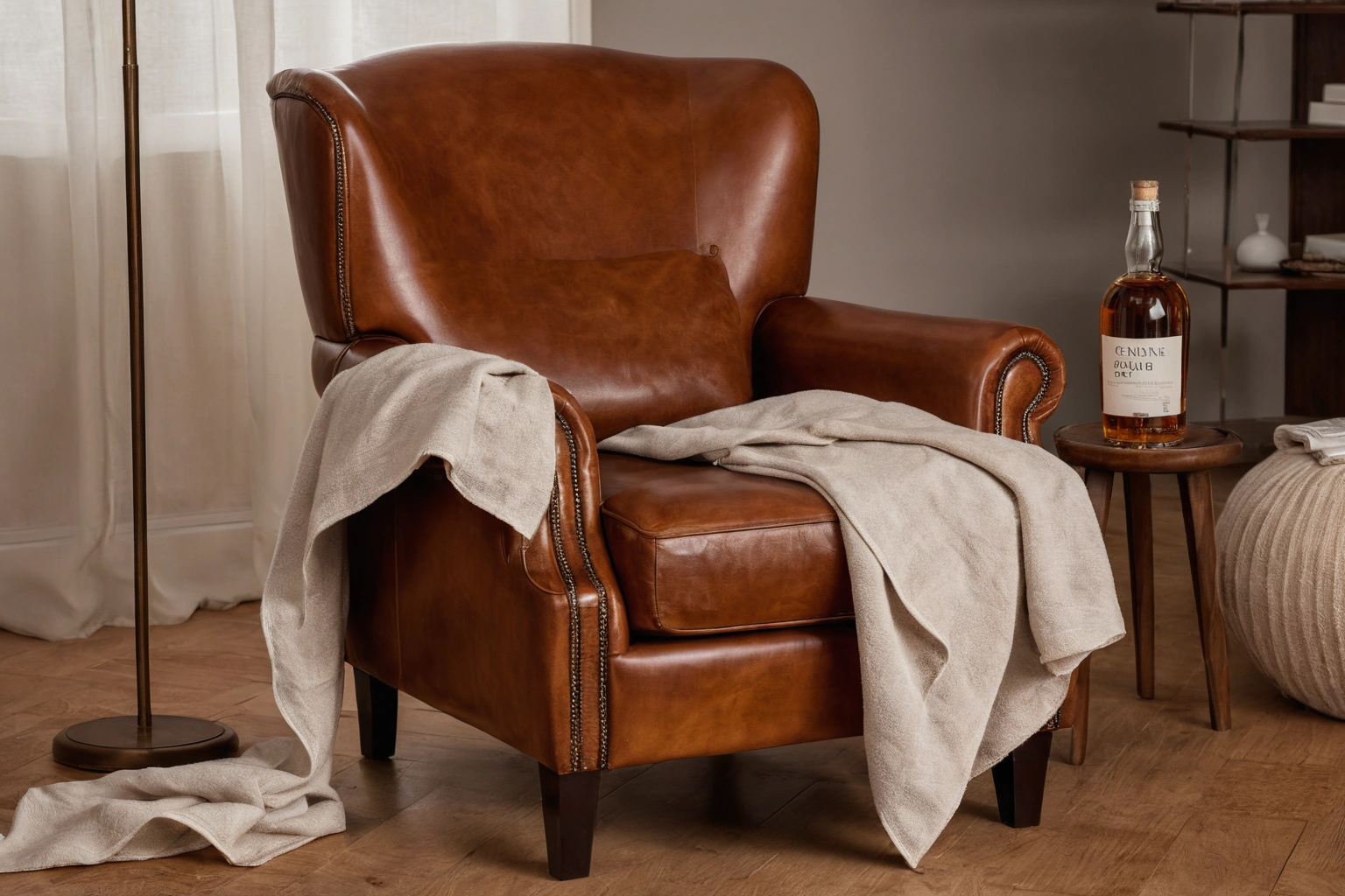 Aniline leather armchair with conditioning cloth and care products