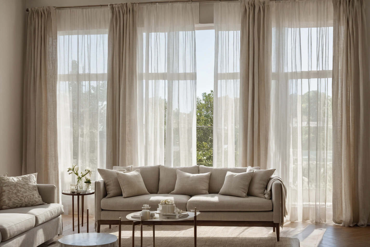 Linen sofa protected from direct sun by sheer curtains