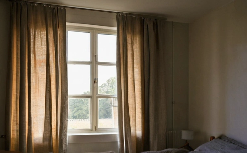 Pale curtain fabric hanging in regular vertical folds, with soft shadows in the troughs and pale highlights along the crests