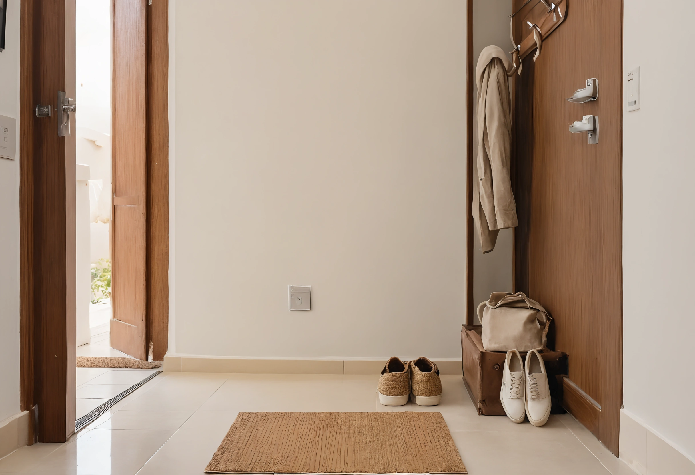 Apartment entrance hall with a coir doormat inside the open door, shoes set to one side and a coat on a hook