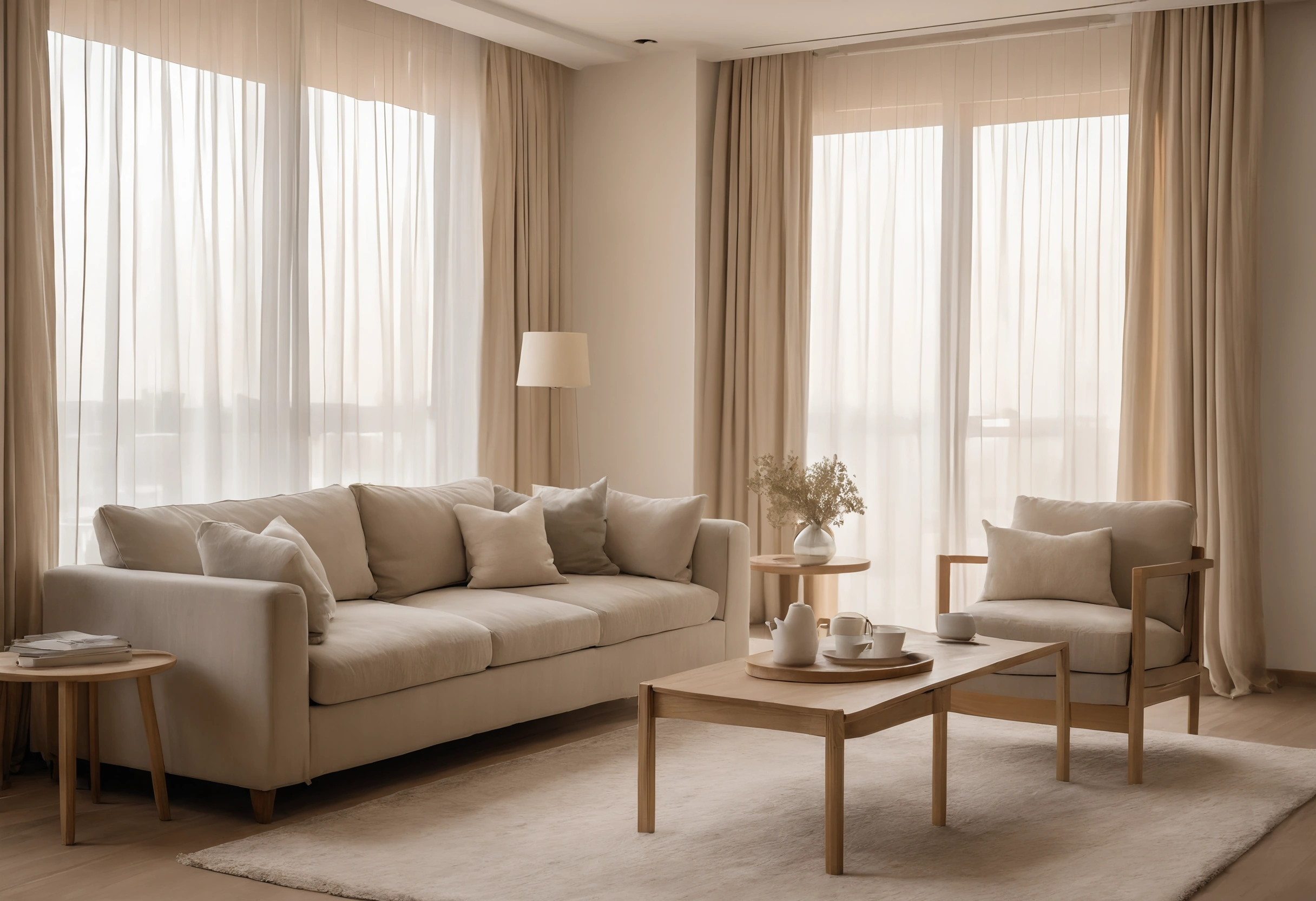 Living room of a renovated Dubai apartment with sheer and lined curtains at tall windows, a linen sofa and a pale rug