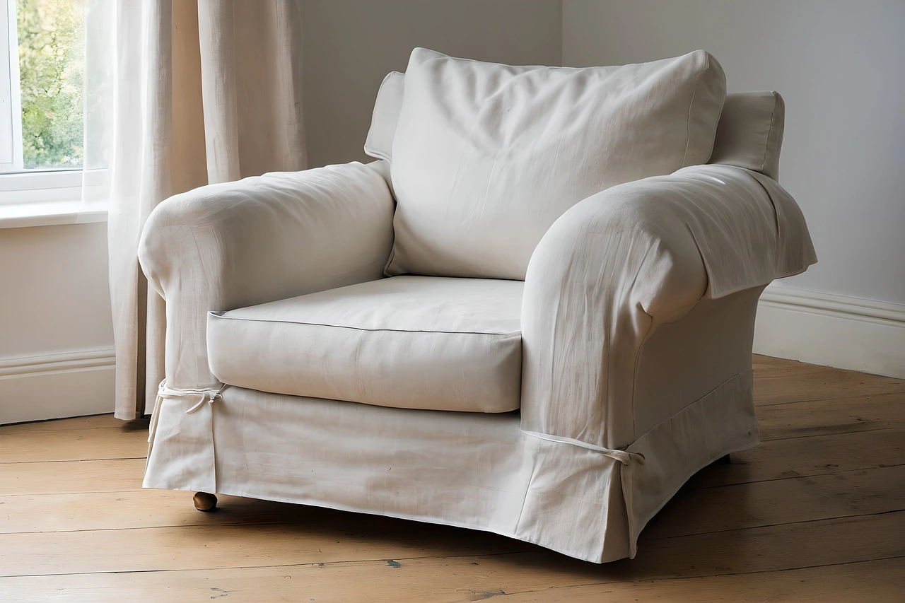 Armchair dressed in a loose washable slipcover with piped seams