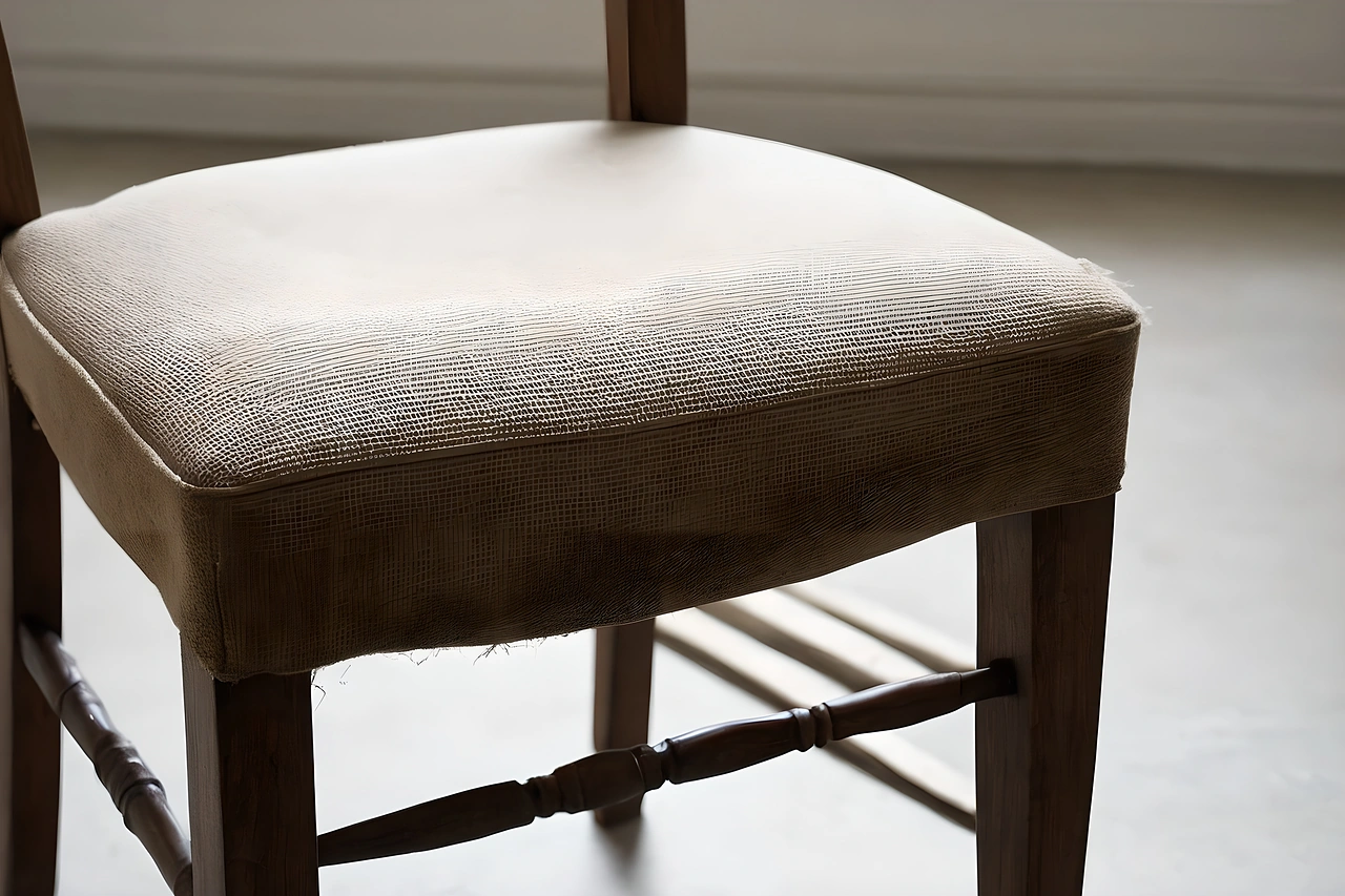 Front edge of an upholstered chair seat with the cloth stretched over the rounded edge