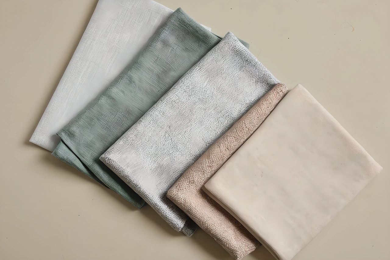 Five separate upholstery fabric samples of different weaves fanned out on a table
