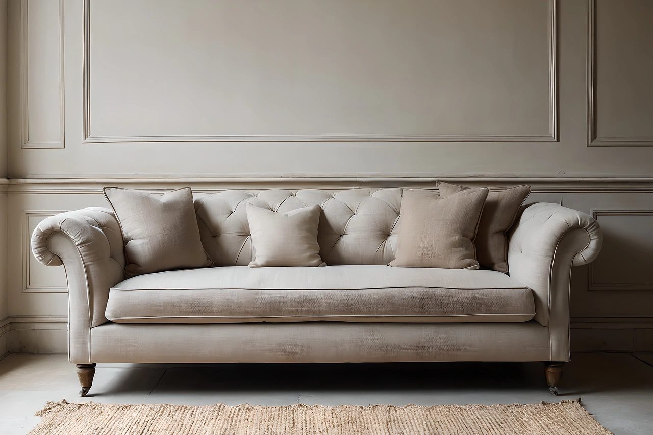 Pale linen upholstered sofa with rolled arms in a panelled room, daylight grazing the seat cushions