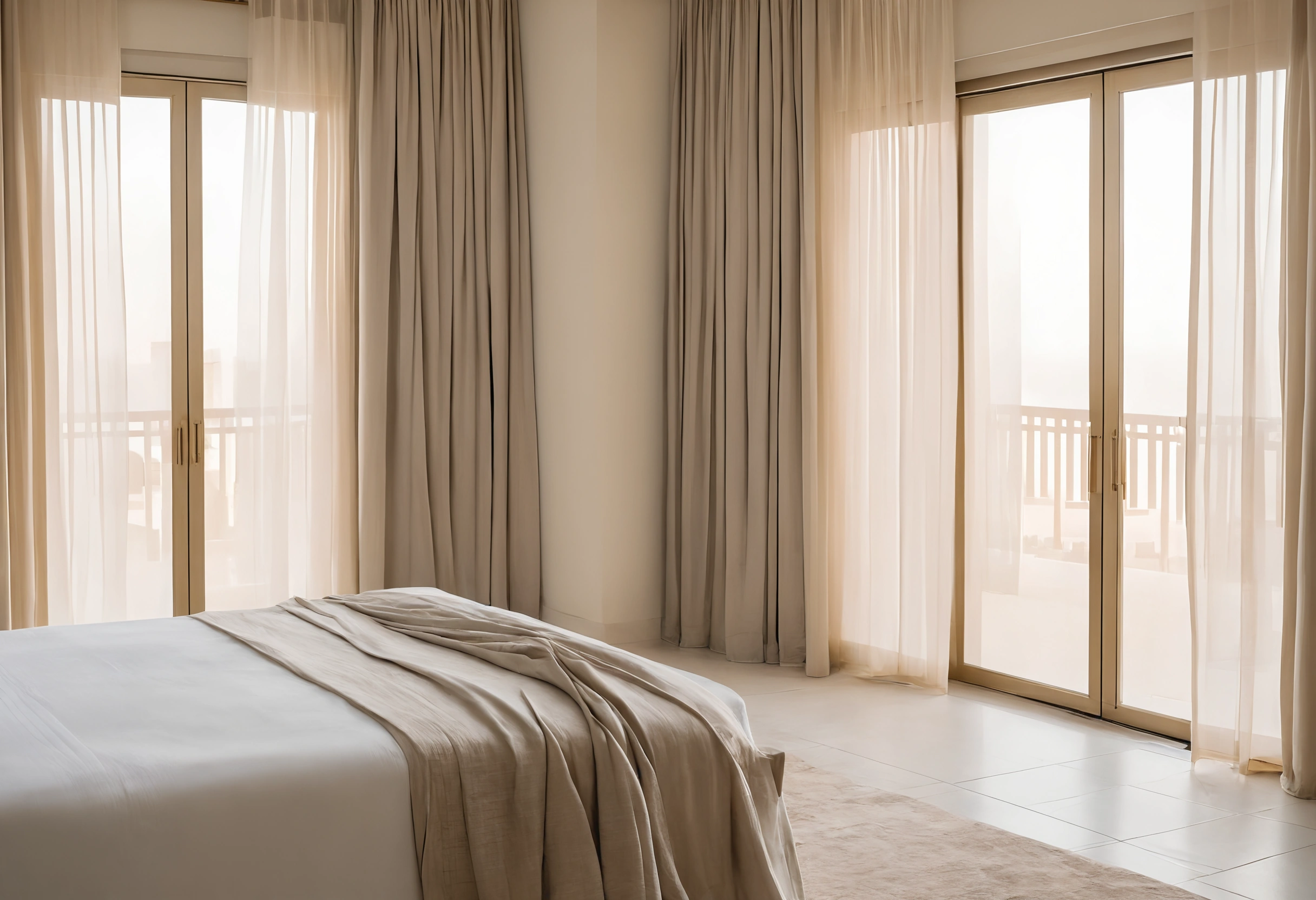 Villa bedroom with lined cream curtains and sheers at glazed doors to a balcony, a folded blanket on the bed
