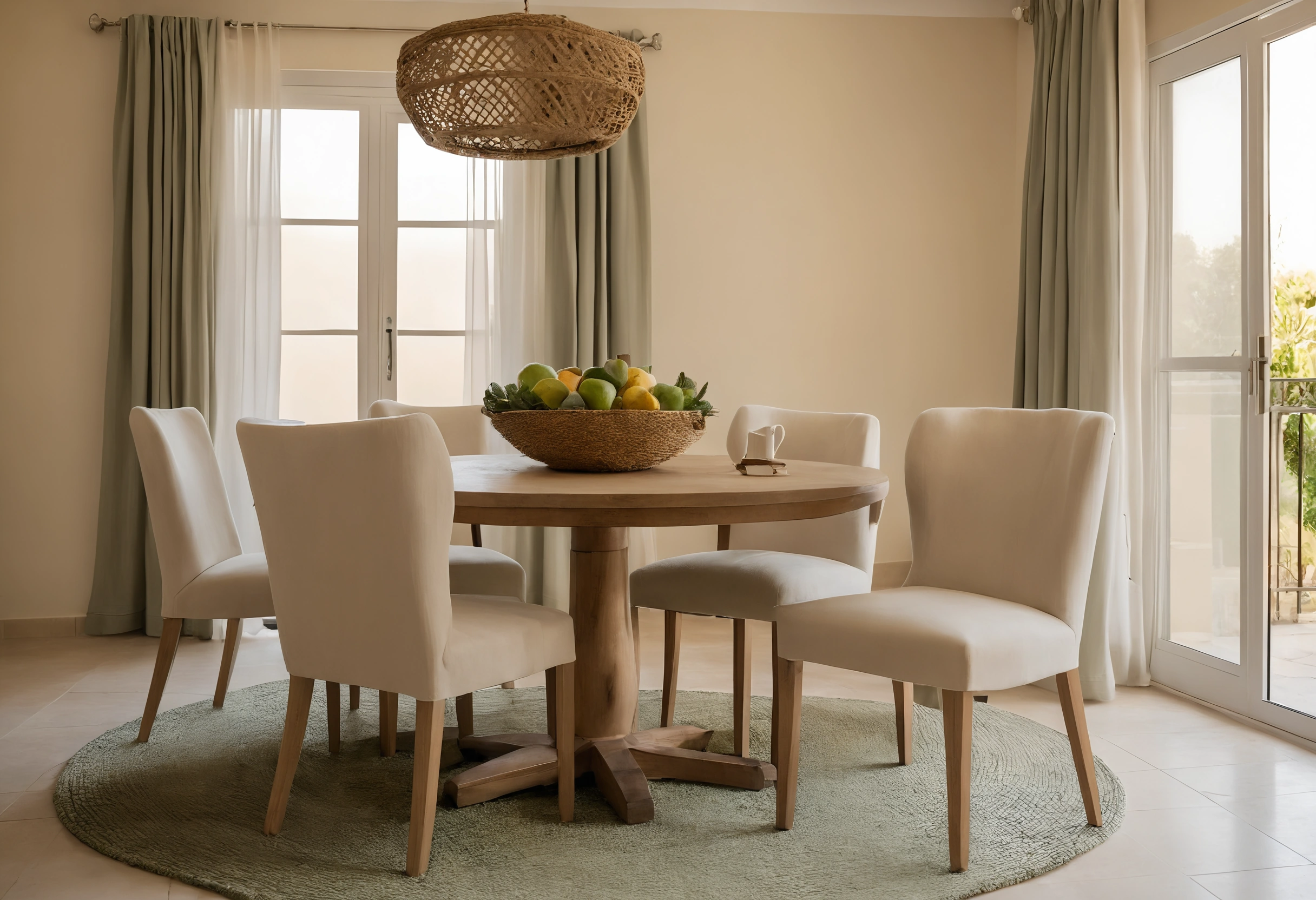 Dining room with a round wooden table, upholstered chairs on a round green rug and sheer curtains at the windows